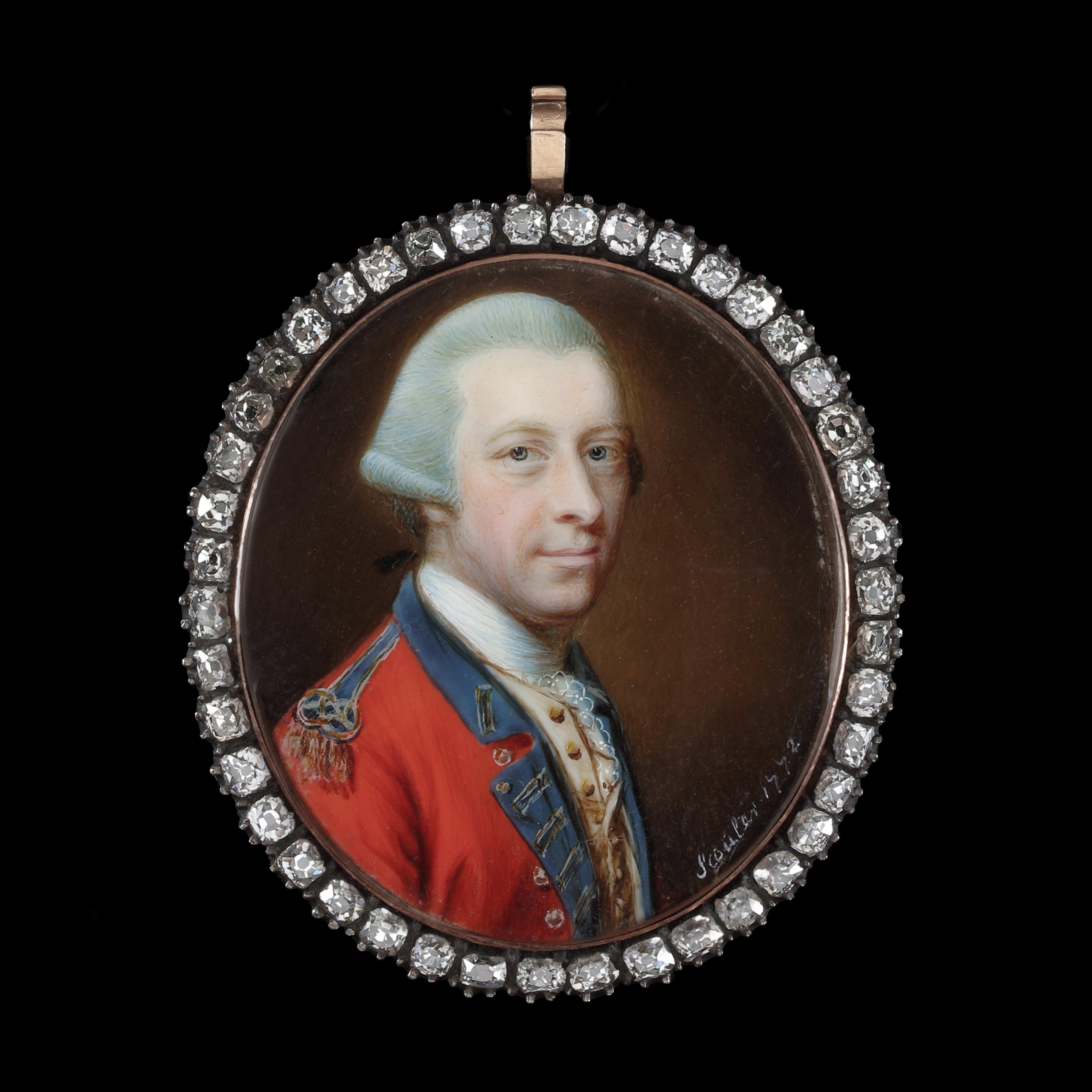 Portrait miniature of an officer, wearing a red uniform with blue facings, with a powdered bag wig